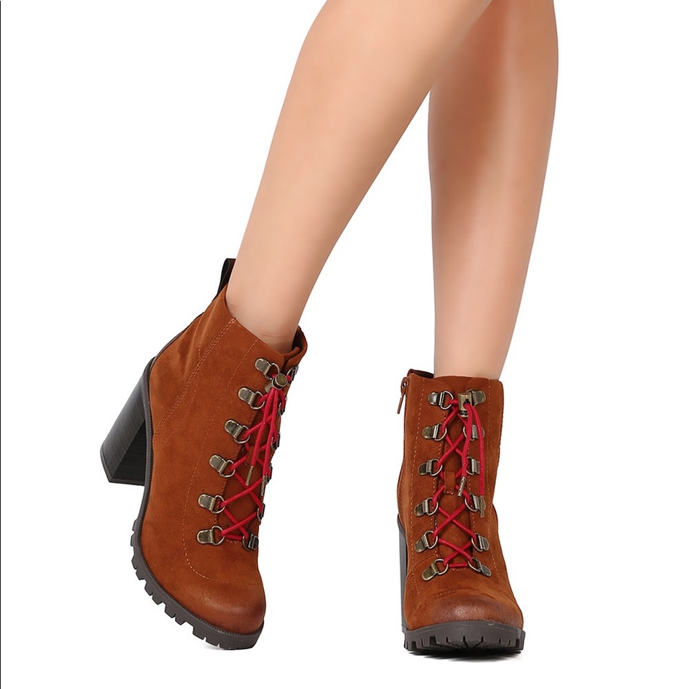 Qupid | Chestnut Faux Suede Lace-up Boots